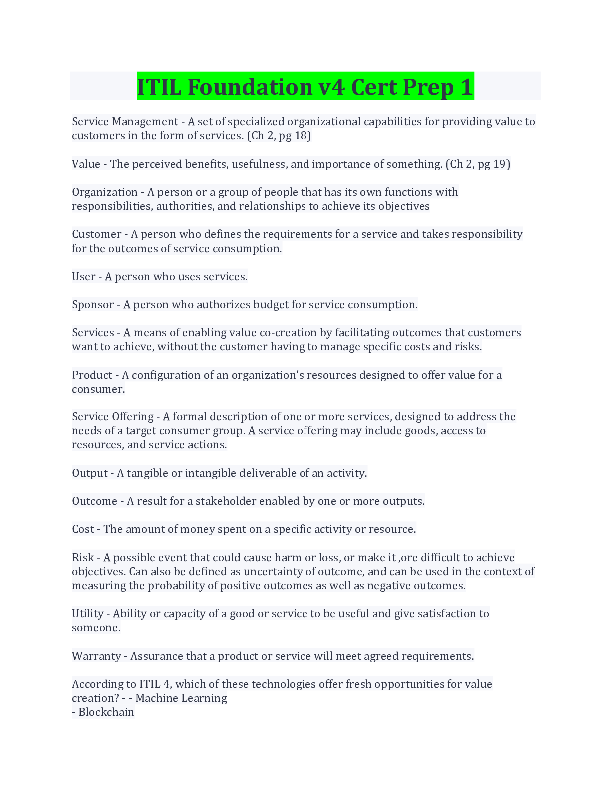 Preview image for ITIL Foundation v4 Cert Prep 1/Introduction (Ch 1); Key Concepts of Service Mgmt (Ch 2), Key Concepts (Ch 3) Axelos book